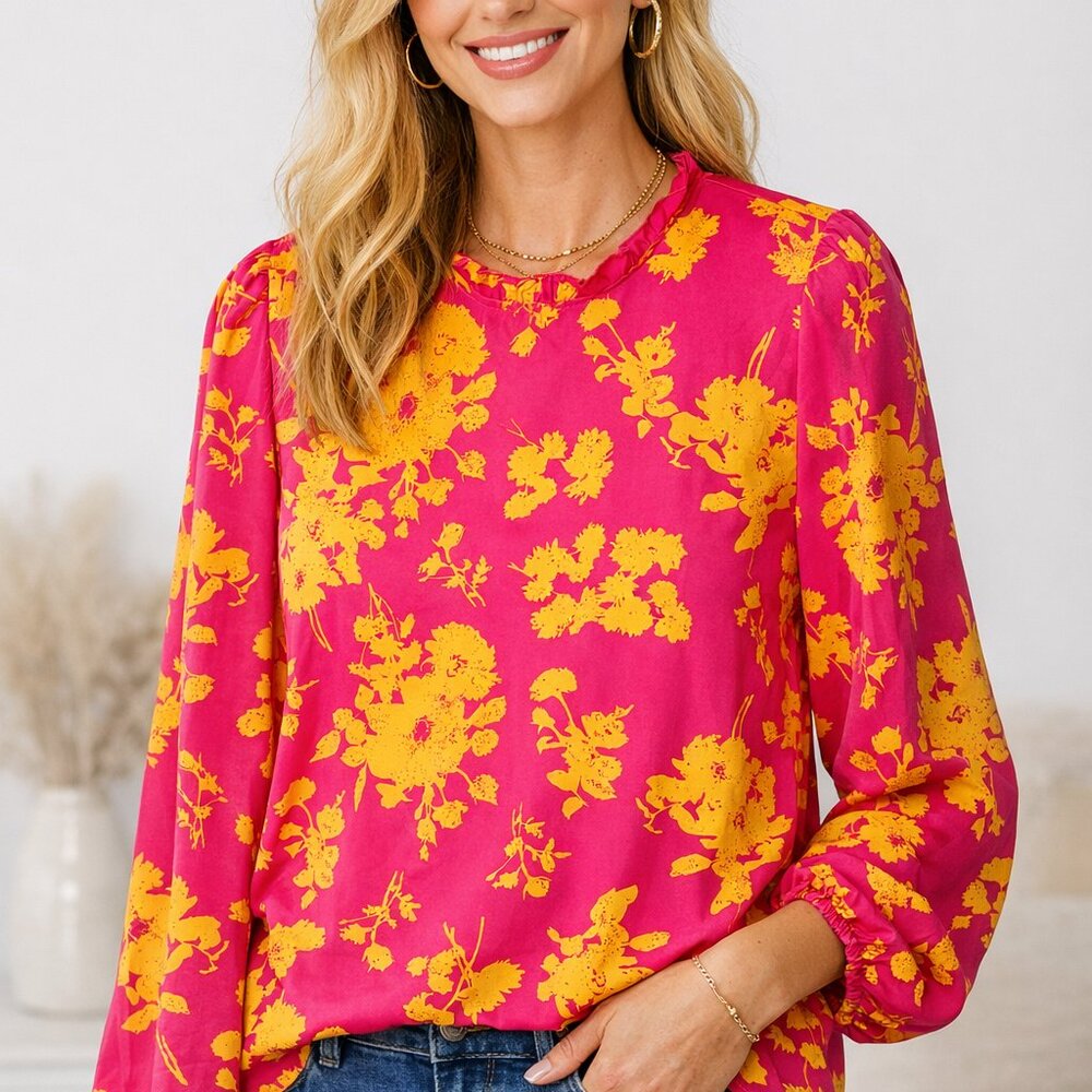 Bold & Beautiful Loness Pink Floral Blouse | XL‎ | Button-Back Neck